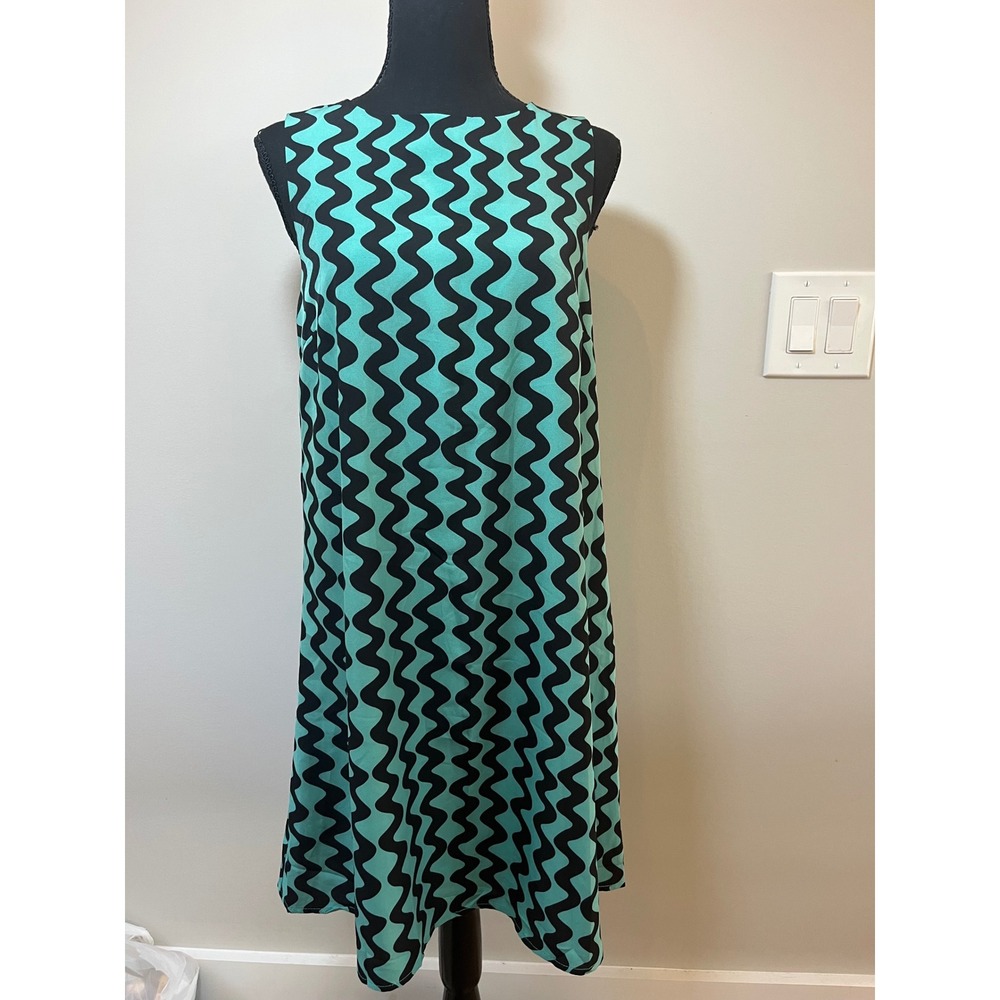 BTFBM Womens Turquoise Black Wavy Zig Zag Print Sleeveless Shift Dress Small NWT